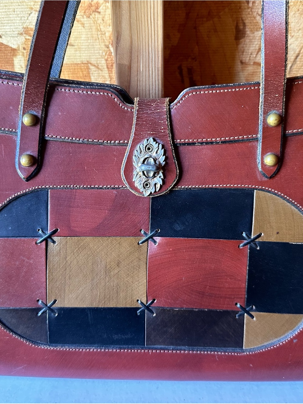 BENCH MADE BY BONITA. Vintage. Women’s Patchwork Leather Red, Black & Tan.